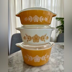 Vintage Floral Glass Baking Dish Set - Orange and White